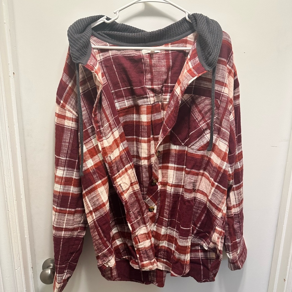 Maurices Red and Cream Plaid Hooded Jacket